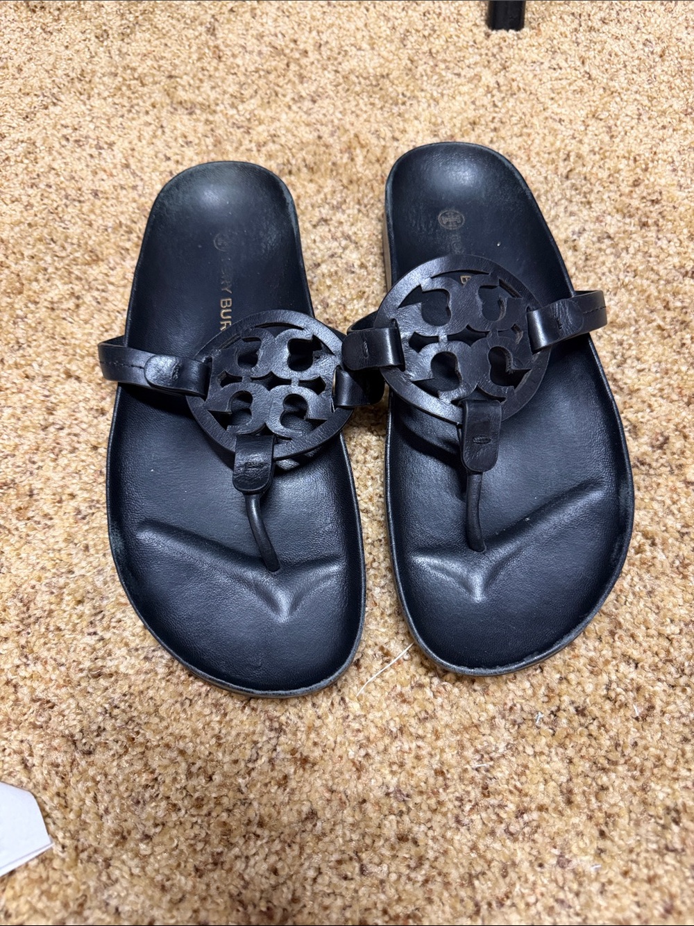 Tory Burch Black Leather comfort  Miller Logo Thong Sandals